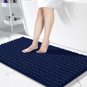 Yimobra Long Bathroom Rugs Non Slip Washable 44x24 Inch - Ultra Soft Absorbent Chenille Bath Mat, Quick Dry Shaggy Floor Carpet for Tub Shower, Navy Blue Home Decor Accessories