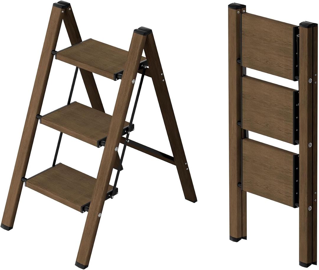 Taranta 3 Step Stool Foldable,Aluminum Step Ladder-Walnut