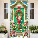 BlissYard Christmas Door Decorations 71x35 inch Elf Door Cover Banner Holiday Backdrop with Wreath Snow Trees and Ornaments for Front Porch Christmas Party Winter Entryway Photo Prop Decor
