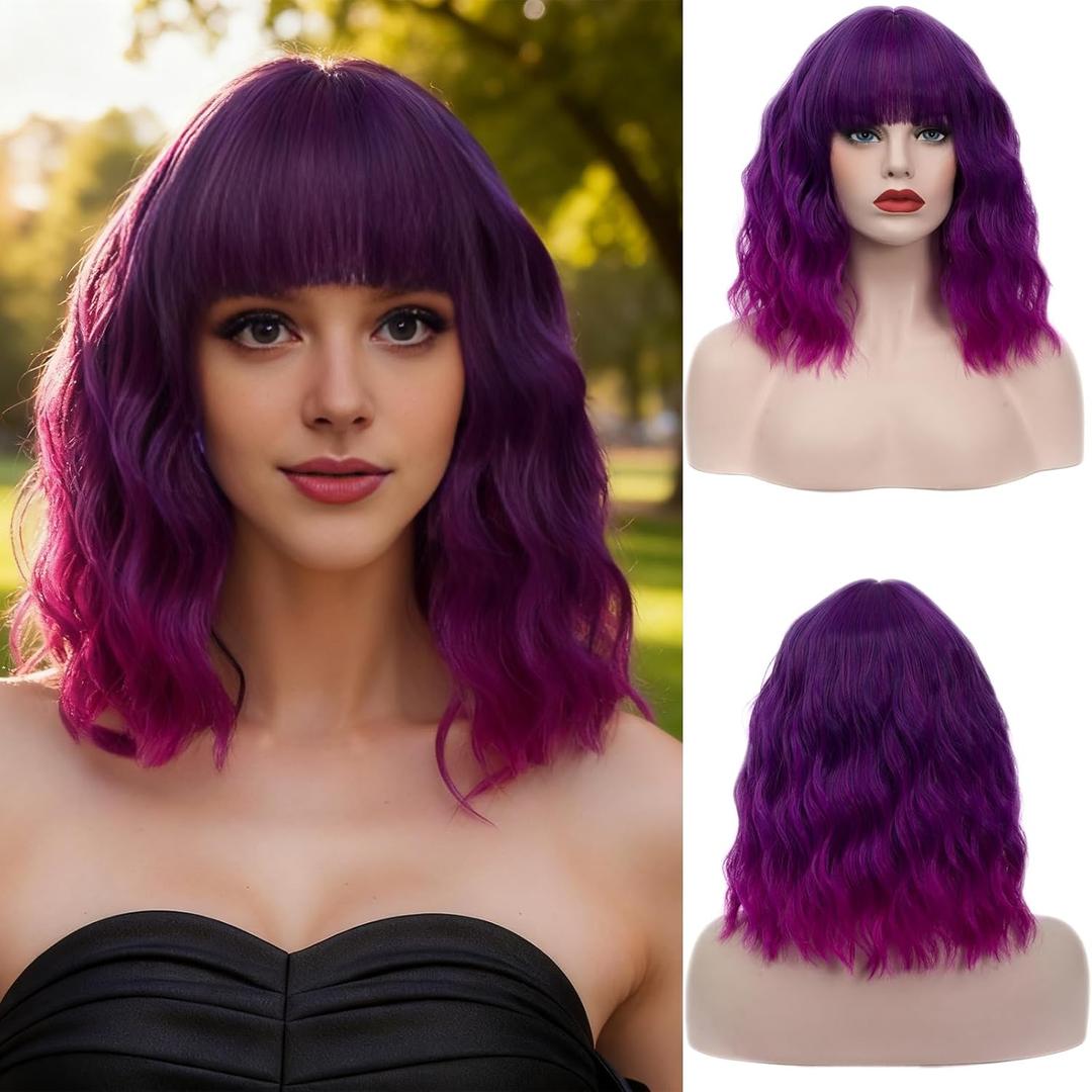 Women's Pink Brown Wig Short Curly Wavy Wig Shoulder Length Flat Bangs Wig For Women Girl Cosplay Party Halloween Wig Cap Included (Bright Purple Ombre)