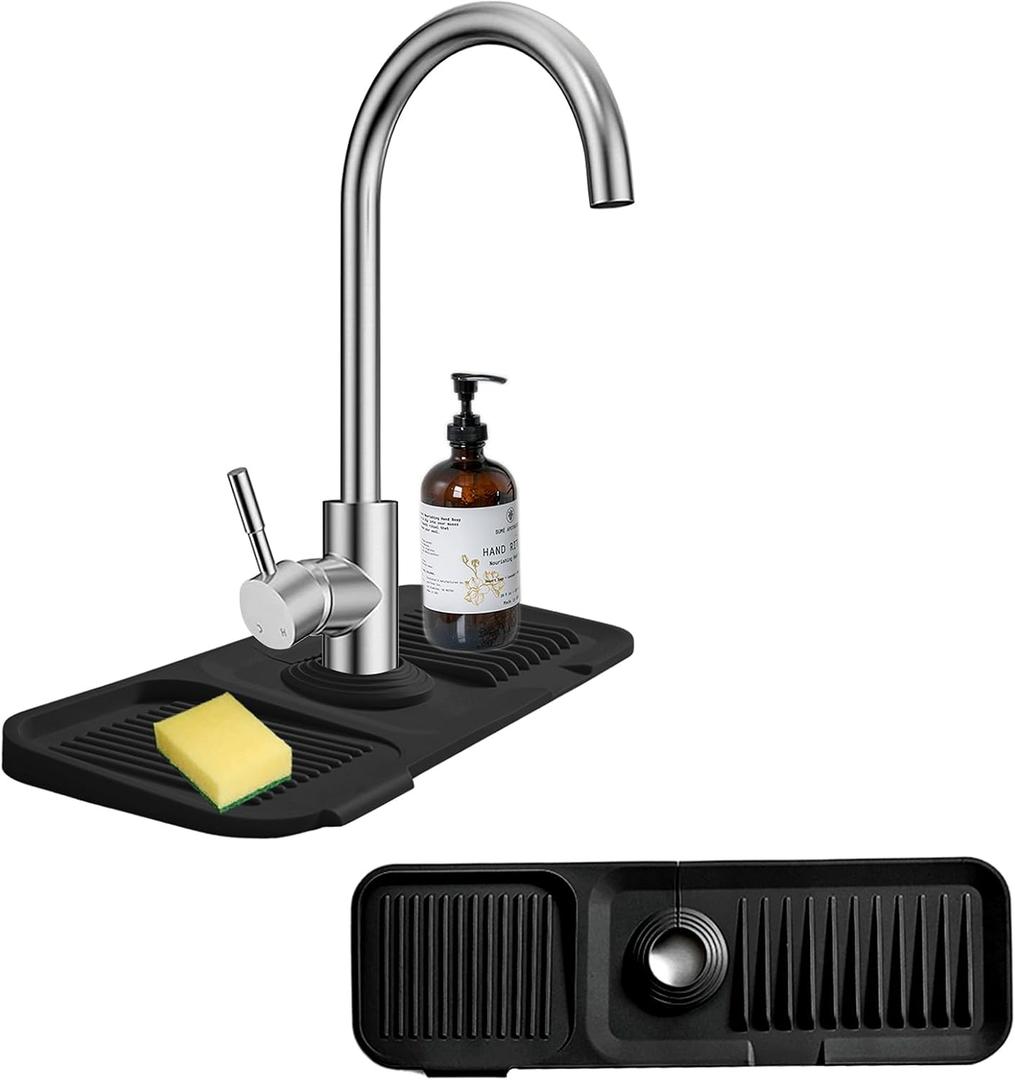 Kitchen Sink Splash Guard Silicone Faucet Handle Drip Catcher Tray Sink Protector for Kitchen Sink Sponge Holder for Kitchen Sink Faucet Mat Fits Faucet Tube within 2.5" (Black, 17.7'')