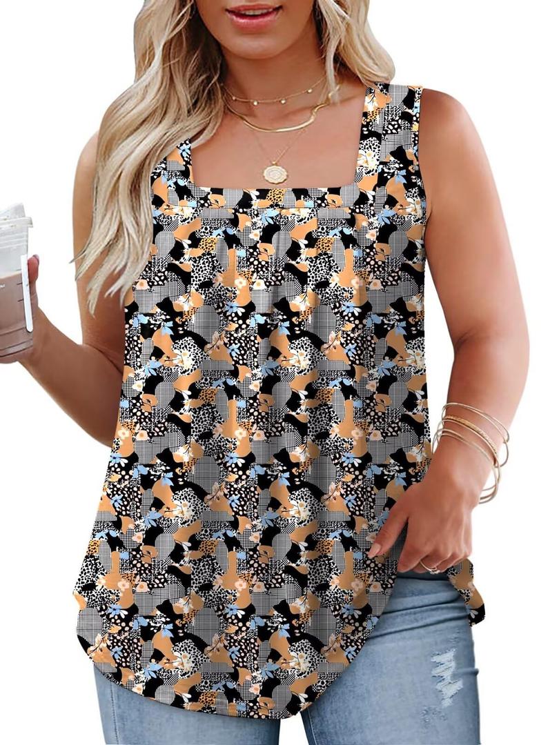 3X Tank Tops for Women Plus Size Loose Fit Sleeveless Shirts Cute Square Neck Tunics Floral Print YH003 (Black, XXXL)