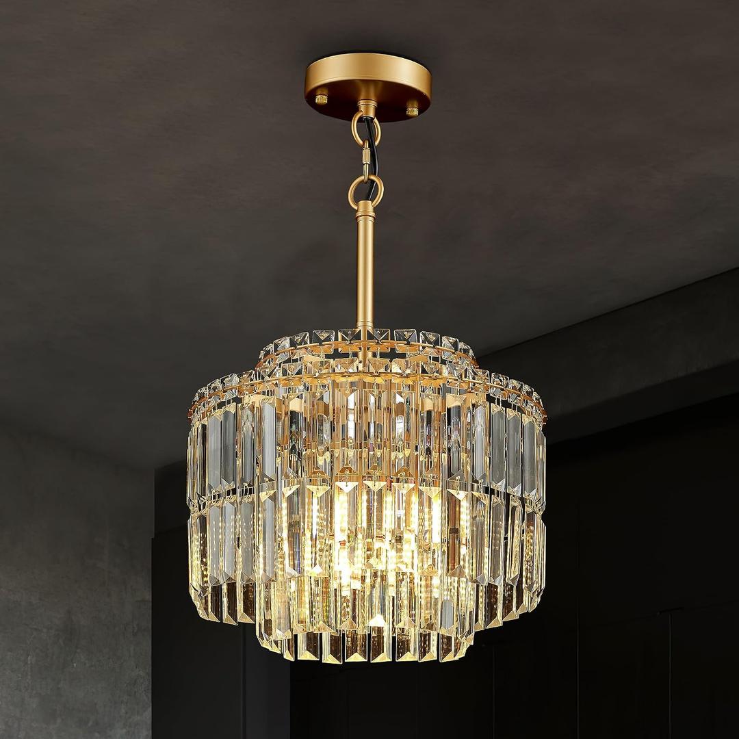 Modern 12.8“ Gold Crystal Chandelier Ceiling Light Fixtures for Dining Room Luxury Glam 4-Light Crystal Chandeliers Lighting for Bedroom Entryway Hallway Living Room Kitchen Island Foyer