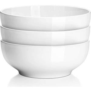 DELLING 60 Oz Large Serving Bowls Set of 3, 8 Inch White Ceramic Mixing Bowls - Soup Salad Pasta Ramen Bowls for Kitchen, Microwave Dishwasher Safe, Porcelain