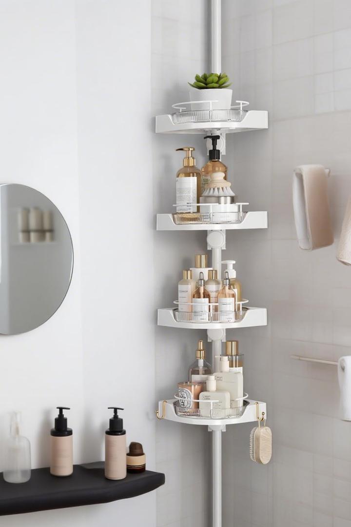 shuang qing 360 Rotating Corner Shower Caddy Tension Pole Organizer - 4-Tier Adjustable Rustproof Metal Pole, Plastic Shelves with Safety Guardrail, Bathroom Storage for Shower & Bathtub(White) (Rotation)