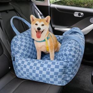 FUNNYFUZZY Car Seat for Small Dogs, Washable Detachable Booster Seat, Comfy Carseat With Storage Pocket, Safety Clip-On Leash, Portable Travel Pet Carrier Bed, Up to 25lbs (Blue Heart Checkerboard)