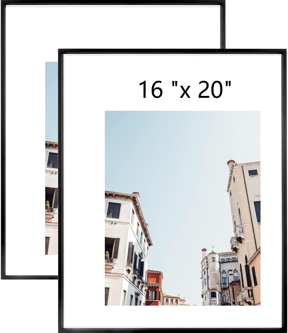 16x20 Aluminum Picture Frame - Plexiglass - Thin Edge - Black - 2 Packs - Wall Mounted - Hang Vertically & Horizontally