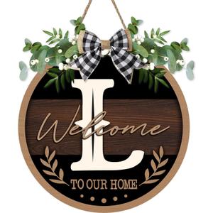 Monogram Letter L Front Door Sign, Welcome to Our Home Family Last Name Initial Wooden Hanger Decor Housewarming Wedding Gifts, Farmhouse Rustic Wreath Indoor Wall Hanging Decoration with Bow