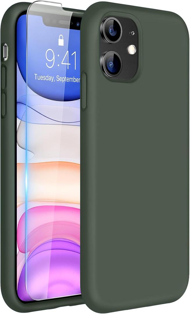 Miracase Designed for iPhone 11 Phone Case, with Screen Protector, Liquid Silicone Gel Rubber Full Body Drop Protection Shockproof Cover Phone Case for iPhone 11 6.1 inch, Dark Green