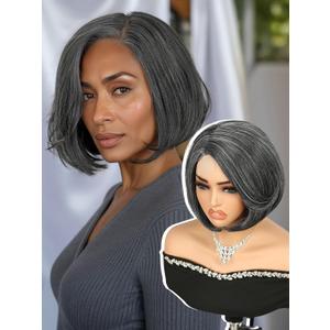 Quantum Love Mixed Grey Bob Wig Side Part Short Straight Layered Bob Wigs for Women Natural Hairline Gluless Realistic Synthetic Fiber for Daily Party
