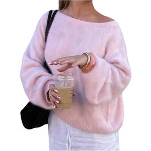 GORGLITTER Women's Fuzzy Off The Shoulder Sweaters Chunky Knit Oversized Long Sleeve Asymmetrical Pullover Tops Outfits (Pink)