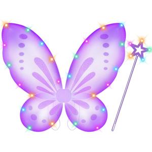 DUDUCOFU Girls Fairy Butterfly Wings with LED Light, Fairy Wings Light Up Star Wands for Girls Kids Women Halloween Dress Up (Purple)