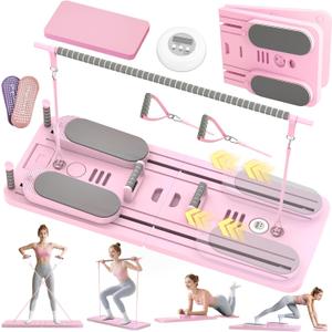 5 in 1 Pilates Board, Foldable Pilates Reformer Set with Resistance Bands, Portable Pilates Sliding Board, Trainer Machine for Home Workout, Ab, Core, Fitness, Exercise (Pink)