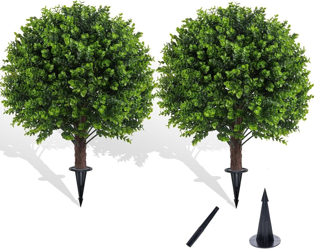 22" Artificial Boxwood Topiary Outdoor Plants with Spike, 2 Pack Faux Bushes UV Resistant Fake Shrubs for Front Porch Dcor