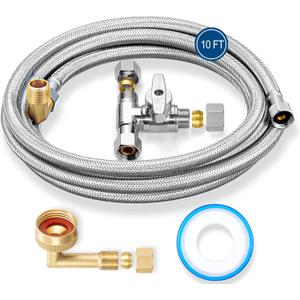 Dishwasher Installation Kit - 10 FT Stainless Steel Braided Dishwasher Hose kit,Food Grade PEX Inner Tube Water Line with 3/8"x 3/8"x 3/8" Tee Stop Valve,3/8"x 3/8"MIP Elbow,3/8"x 3/4"FHT Elbow