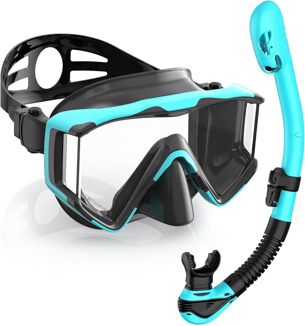 Greatever Snorkel Set Pano 3 Window Snorkel Mask Adult, Panoramic Wide View, Anti-Fog Scuba Diving Mask, Anti-Leak Snorkel Goggles Dry Top Snorkel, Professional Snorkeling Gear for Adults (Black Green)
