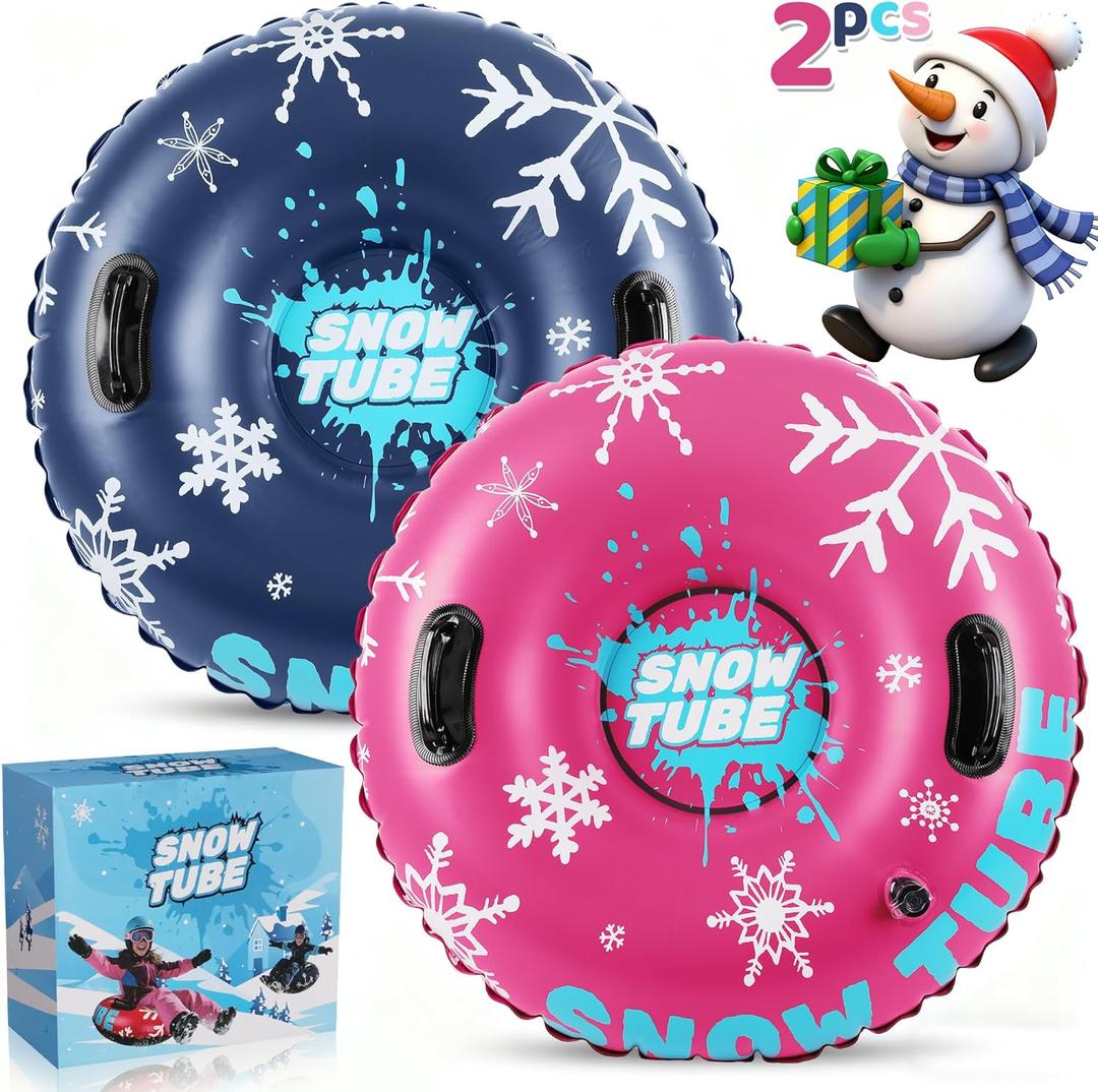 36 Inch Inflatable PVC Snow Tubes for Adults & Kids - Family Outdoor Winter Sledding Set with Thickened Hard Bottom & Handles for Safe Winter Snow Sports Fun (Blue, Pink)