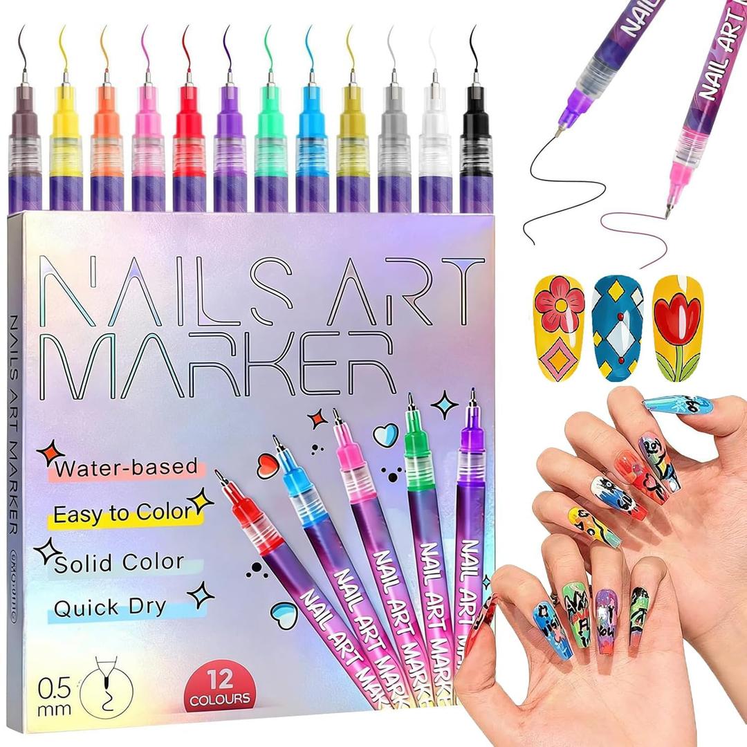 Nail Art Pens Set 12 Colors, 0.5 mm Fine Tip 3D Acrylic Polish Pen, Waterproof Quick-Drying Dotting Graffiti Drawing Liner Brush, DIY Nail Art Design Manicure Tools for Beginners Women Home Salon Use