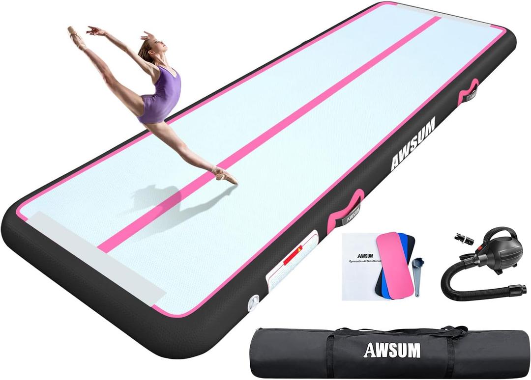 AWSUM Inflatable Air Gymnastics Mat 10ft/13ft/16ft/20ft/23ft Training mat 4/8 inches Thick tumbling mat with Electric Pump for Home/Gym/Outdoor (Pink/Black)