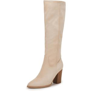 Coutgo Womens Faux Suede Knee High Boots Side Zipper Chunky Heel Stretch Winter Boots (Beige)
