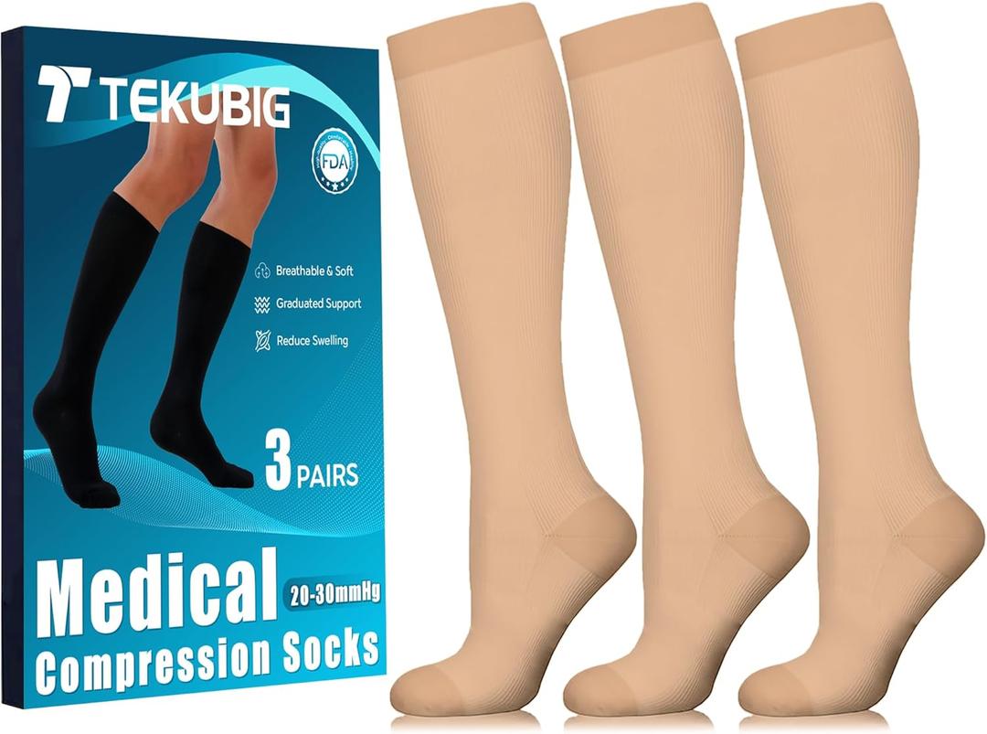 3 Pairs Medical Women Men Compression Socks Knee High 20-30 mmhg Graduated Stocking Support Hose Cute for Running Travel (NUDE)