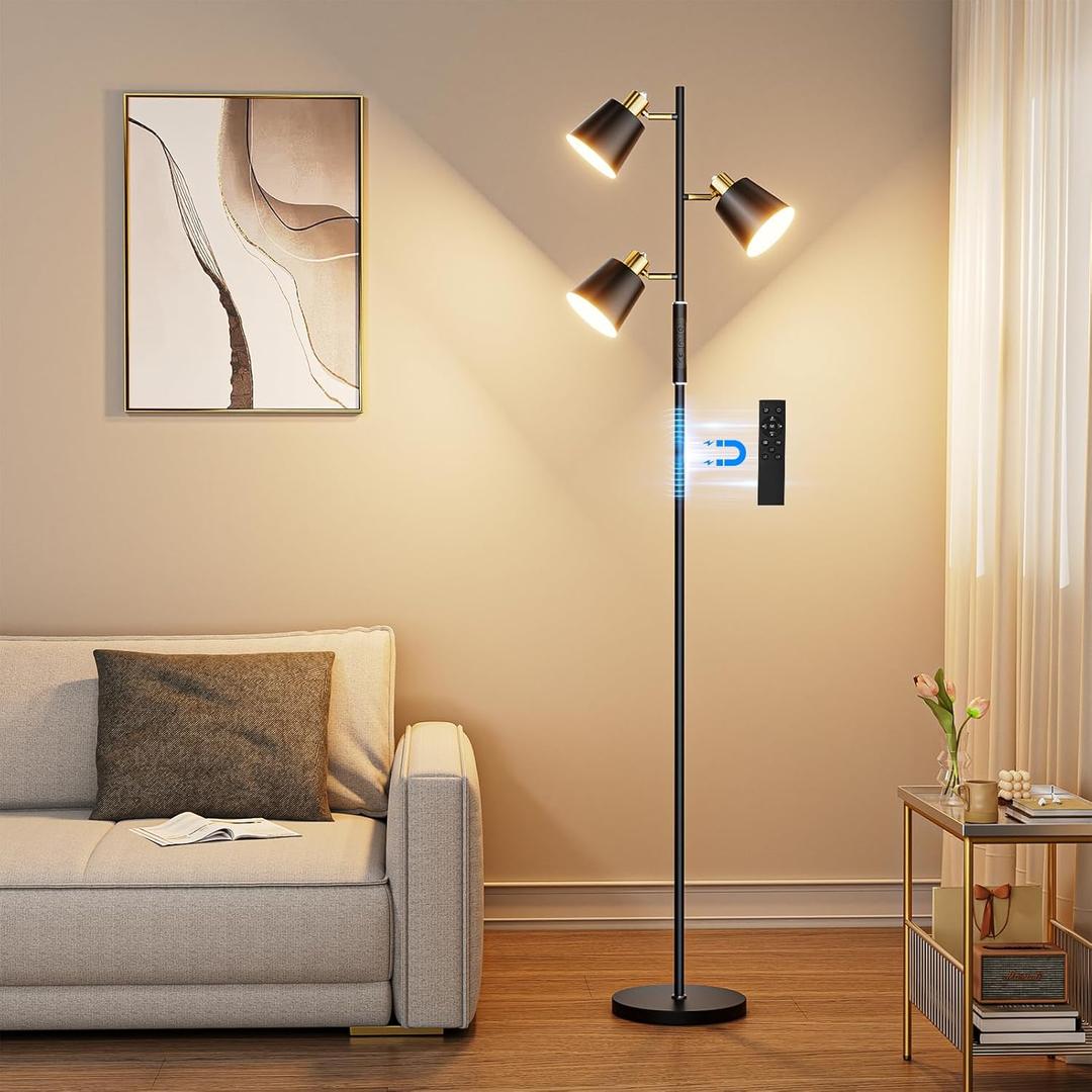 LED Tree Floor Lamp, 2500LM Super Bright Standing Lamp with Remote & Touch Control, 4 Color Temperatures, 3 Rotatable Lights, Modern Dimmable Floor Lamps for Living Room Bedroom Office (Black & Gold)