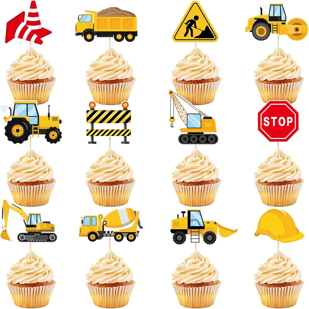 48 Pcs Construction Cupcake Toppers Picks Excavator Tractor Dump Truck Stop Sign Part Cupcake Toppers Truck Cake Decorations for Construction Theme Birthday Baby Shower Party Supplies