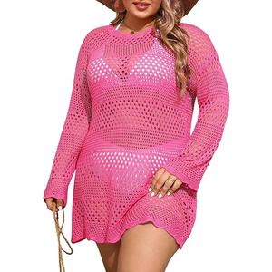 Beautife Womens Plus Size Swimsuit Cover Up Crochet Long Sleeve Mesh Knit Crew Neck Beach Coverup Dress 