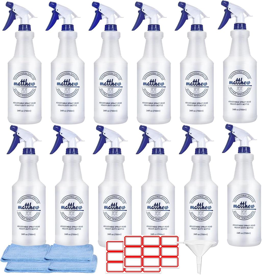 Matthew Cleaning 24 oz Empty Spray Bottles for Cleaning Solutions, All-Purpose HDPE Plastic Spray Bottle for Plants, Detailing, Pet, Hair, Adjustable Nozzle and Measurement, Case Pack 12 Pcs