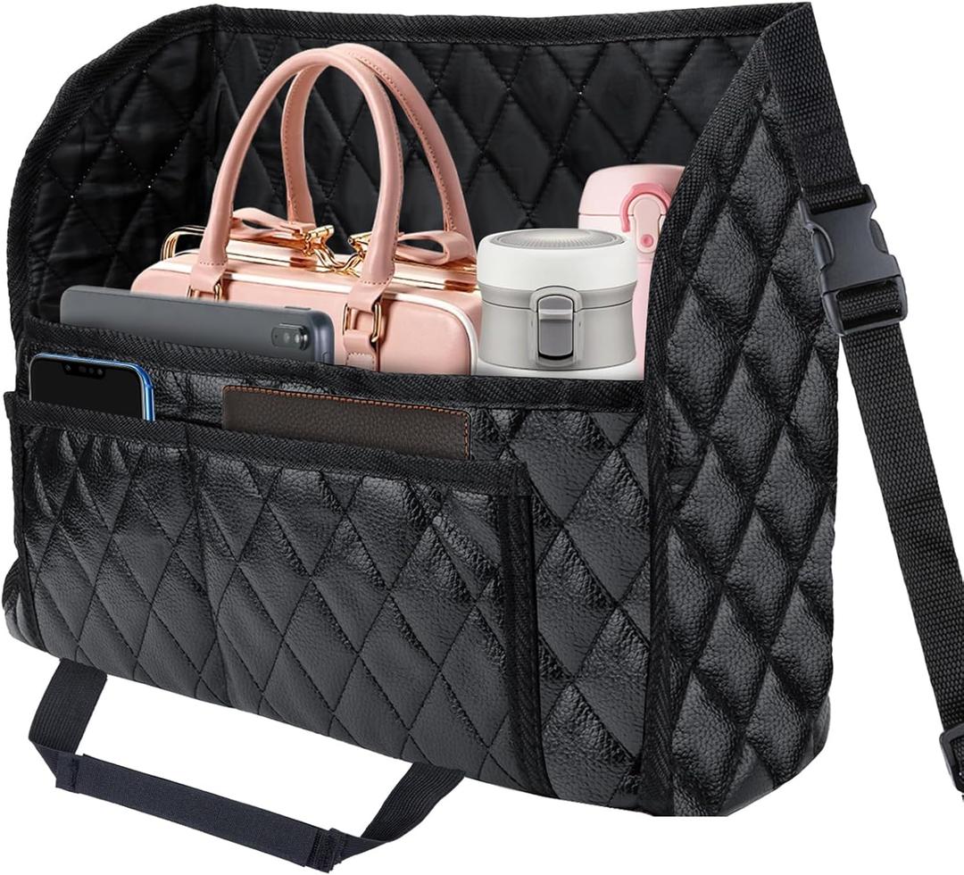 Car Purse Holder Between Seats, Leather Auto Front Seat Handbag Organizer Pocket, Large Capacity Car Net Pocket Handbag Holder, Backseat Barrier Storage Bag for Kids Pet, Fits for Car, Truck, SUV