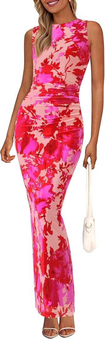 PRETTYGARDEN Womens Summer Wedding Guest Dress 2026 Spring Mesh Sleeveless Bodycon Ruched Floral Holiday Maxi Long Dresses, Size Large