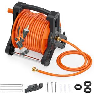 Portable Garden Hose Reel with 75ft Rubber Water Pipe+6.5ft, Wall Mount Lightweight Winder Combo with Nozzle for Outside, Yard, Patio (Orange)