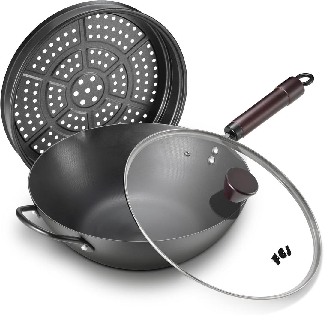 Wok, 13 Inch carbon steel wok pan with steamer & stir-fry pans nonstick, Pre-Seasoned 5.8QT Flat Bottom Chinese Woks Paella Pan with lid, Carbon Steel Cookware, Compatible with All Cooktops