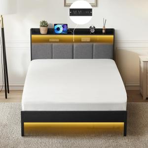 Z-hom Twin Bed Frames, Upholstered Upgraded Metal Bed Frame with LED Lights Headboard & Footboard, Bed Furniture with Charging Station Ports & Storage Shelves, Easy Assembly Bed Frame, Noise Free