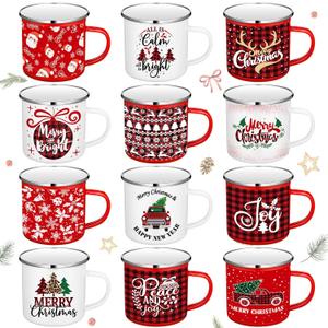 12 Pack Christmas Coffee Mugs Set, 12 oz Enamel Merry Christmas Mugs White and Red Funny Novelty Holiday Cups for Women Men Coworkers Gifts Xmas Party Favor