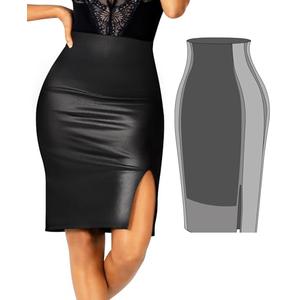 Popilush Faux Leather Skirts Skirts for Women Tummy Control with Built in Shapewear High Waist Midi Skirts Black, M