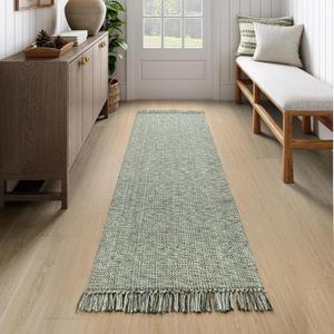 Collive Long Hallway Runner Rug 2.6' x 7', Washable Runner Indoor Entryway Rug, Olive Green/Cream Braided Woven Kitchen Runner Rugs Low-Profile Front Door Floor Carpet for Bedroom Doorway