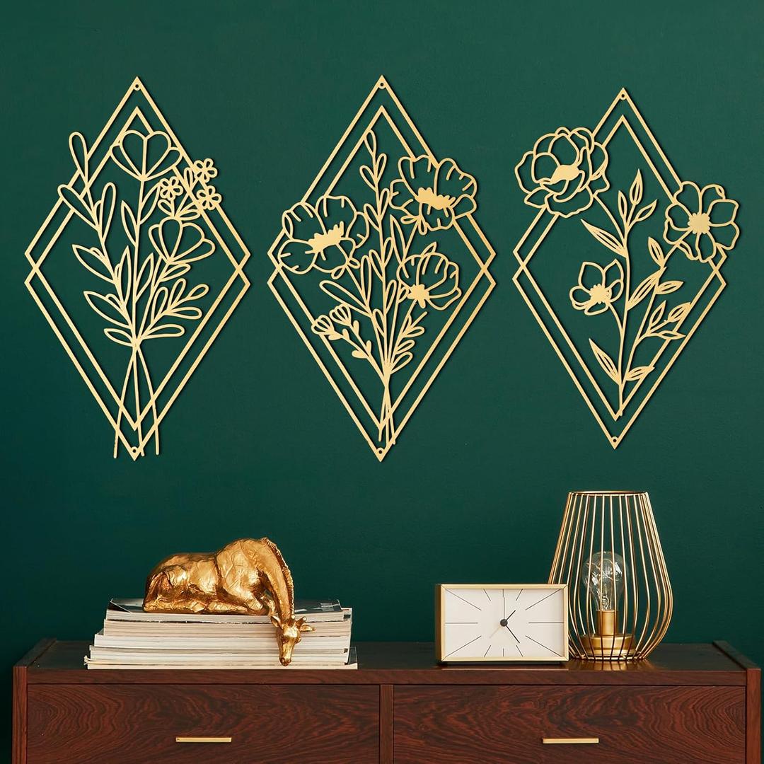 Peryiter 3 Metal Flower Wall Art Minimalist Floral Hanging Decor for Living Room Bathroom Kitchen Outdoor