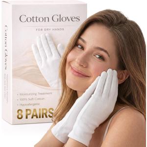 8Pairs (16Pcs) White Cotton Moisturizing Gloves for Dry Hands, Reusable Overnight Sleeping Hand Mask, Soft Breathable Gloves for Women and Men (One size)