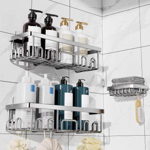 Veken Shower Caddy 3-Pack, Advanced Rustproof Design, No Drilling Adhesive Shelves, Rack with Soap Holder, Large Capacity Bathroom Organizers and Storage, Wall-Mounted Kitchen & Home Decor (Silver)