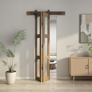 JUBEST Bifold Glass Barn Door, 28Inch Bi Fold Sliding Barn Door Kit with Hardware Include, 3-Panel Glass Barn Door Slab, Solid Wood Barn Door with MDF & Water-Proof PVC Surface, Brown