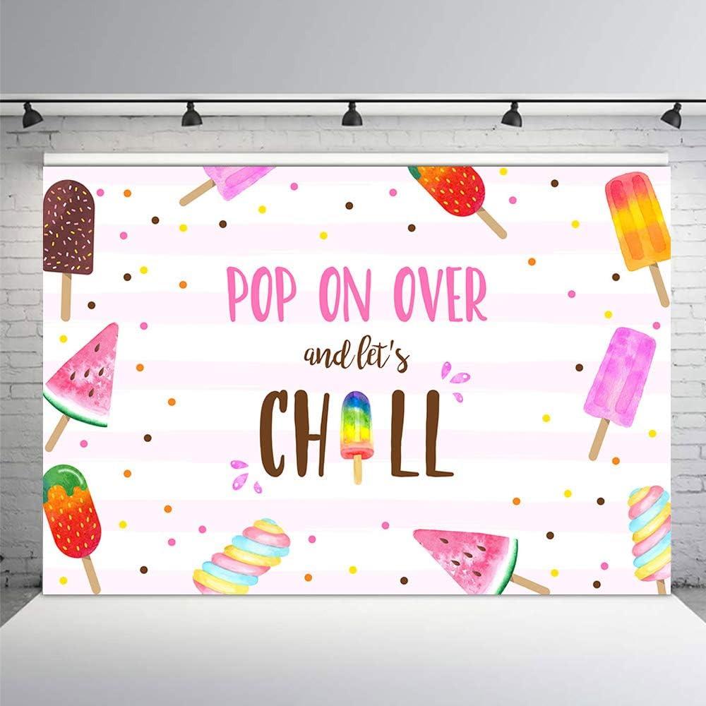 MEHOFOND Summer Popsicle Party Backdrop Pink Pool Pop On Over and Let's Chill Swim Girl Birthday Baby Shower Background Photography Photo Booth Banner for Cake Table Supplies 7x5ft