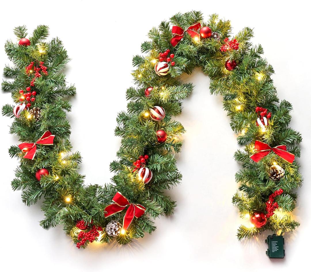 Joiedomi 9Ft Christmas Garland Prelit with Lights, 50 Warm White LED, Xmas Tree Garland with 8 Lighting Modes, Decorated with Pinecones, Bows, Xmas Balls & Berries for Window Indoor Party Decorations