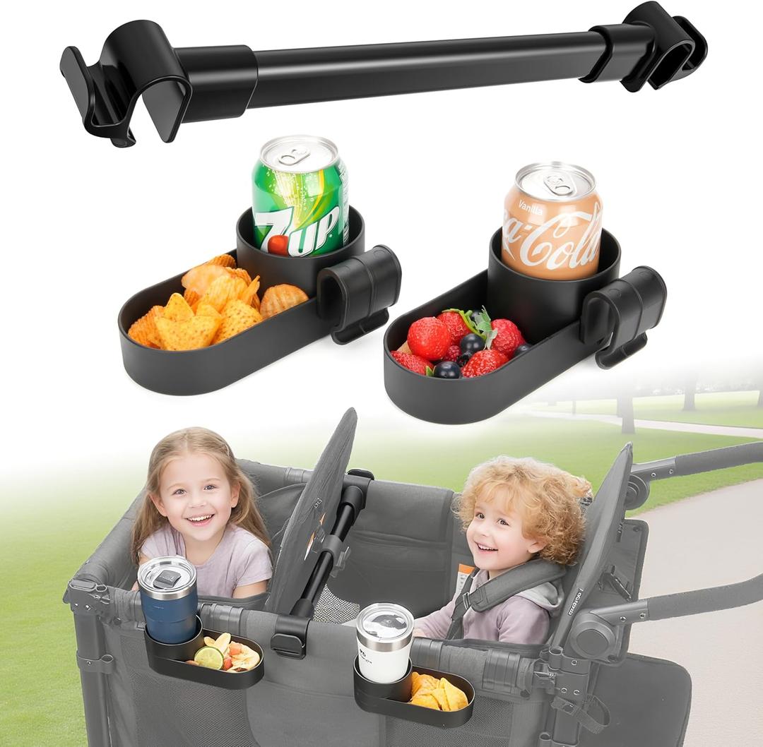 Forward-Facing Support Bar + 2-Pack Stroller Wagon Snack Tray with Spill-Proof Cup Holders - Wonderfold Accessories Compatible with WONDERFOLD W2 Elite/Luxe 2-Seater Wagons, Detachable & Easy Install