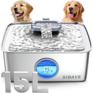 SIBAYS 4Gal/15L Dog Water Fountain, Stainless Steel Large Capacity Pet Water Fountain with Water Level LED Light, Automatic Quiet Dog Water Bowl Dispenser for Large Dogs & Multi-Pet Easy to Clean FS79