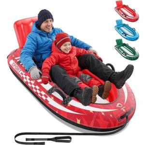QPAU 2-Person Inflatable Snow Sled with Premium Canvas Cover, Heavy Duty Sled with Backrest & Reinforced Handles, Snow Tubes for Kids & Adults, Winter Inflatable Toys (Red)