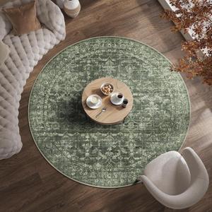 6ft Round Washable Area Rugs for Living Room, Vintage Boho Large Rug for Bedroom Dining Room Office, Distressed Floral Print Carpet for Under Table, Soft Non Slip Low Pile Throw Indoor Mat, Green
