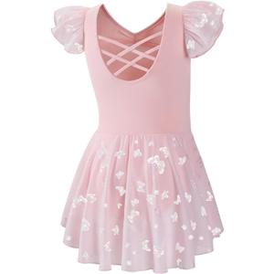 DIPUG Ballet Leotards for Girls with Skirt Shiny Toddler Dance Leotard Butterfly (8-10 Years, Pink)