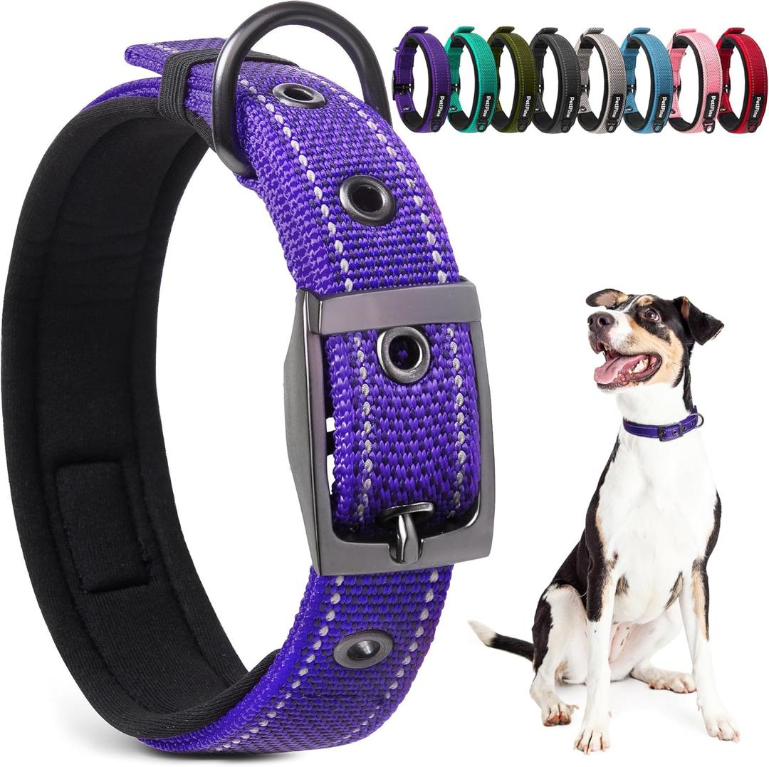 PetiFine Heavy Duty Dog Collar with Durable Metal Buckle,Neoprene Padded Comfort Dog Collar, Reflective Adjustable Belt Buckle Dog Collars for Small Medium Large Dogs(19''-23'', Purple)