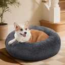 OhGeni 30 inches Orthopedic Donut Dog Bed Calming Cat Bed for Medium Size Pets, Warming Comfort Fluffy, Durable Waterproof Machine Washable Removable Cover, Round Bed for Puppy, Long Pile Gray